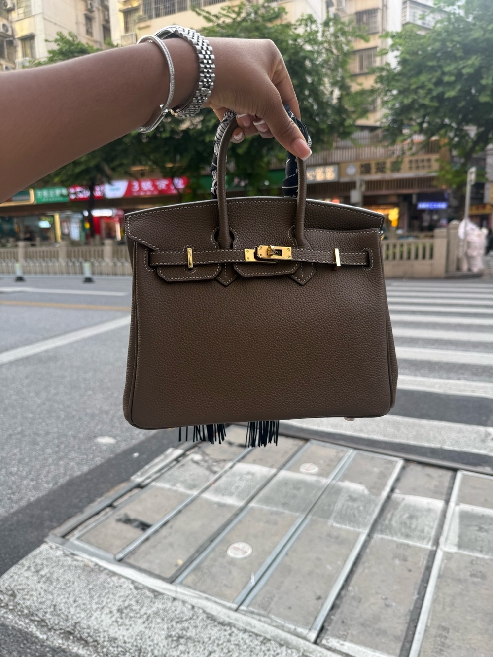 Elegant Taupe/ olive green Women’s Satchel with removable fringe ribbon. - Picture 10 of 10